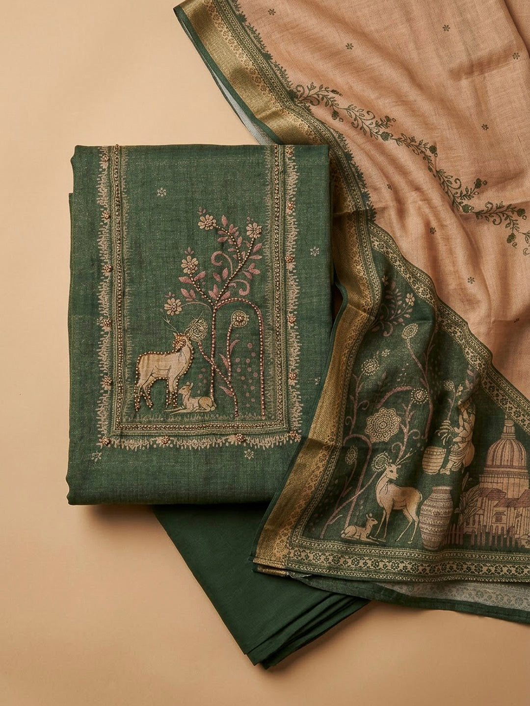 Green Linen Blend Embroidered Unstitched Dress Material