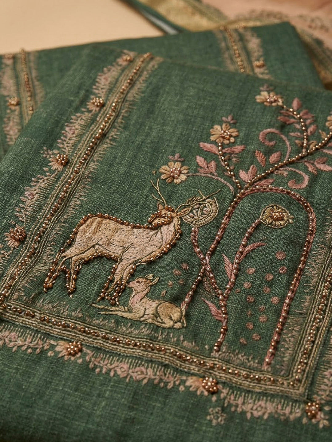 Green Linen Blend Embroidered Unstitched Dress Material