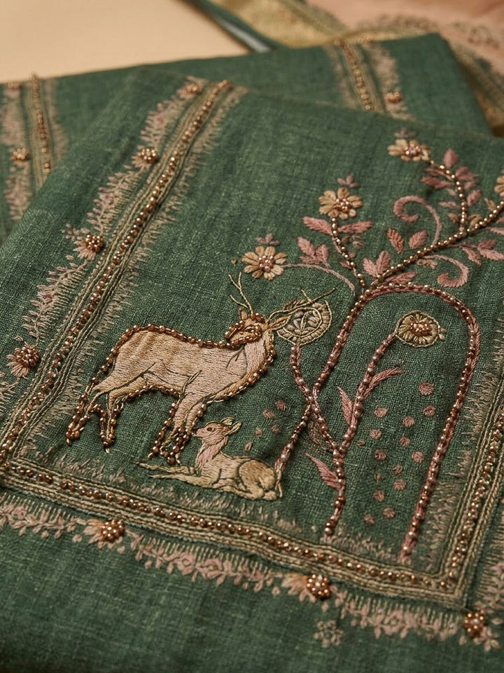 Green Linen Blend Embroidered Unstitched Dress Material