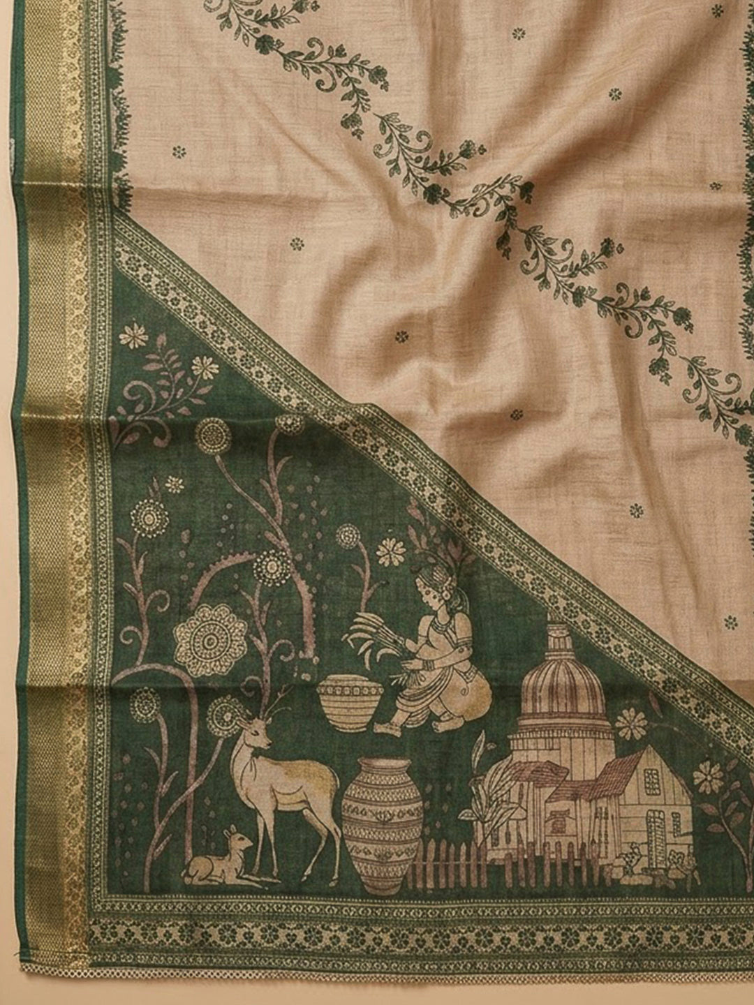 Green Linen Blend Embroidered Unstitched Dress Material