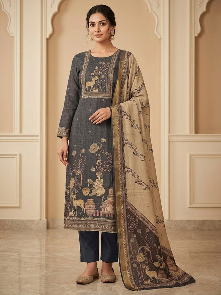 Grey Linen Blend Embroidered Unstitched Dress Material