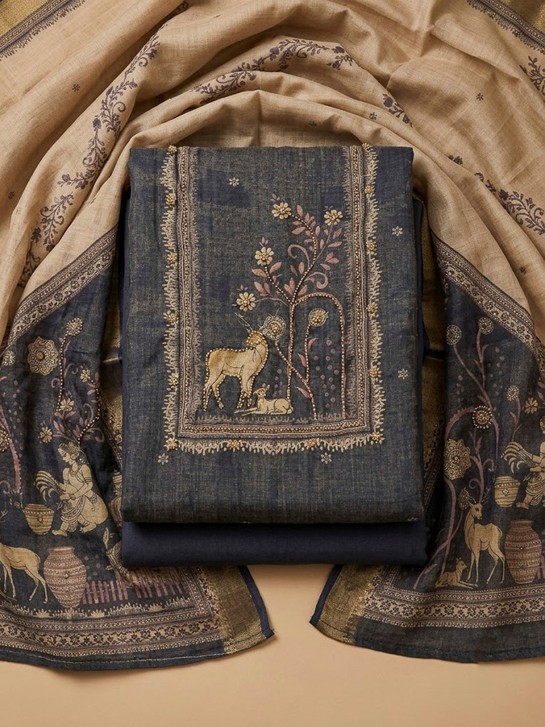 Grey Linen Blend Embroidered Unstitched Dress Material