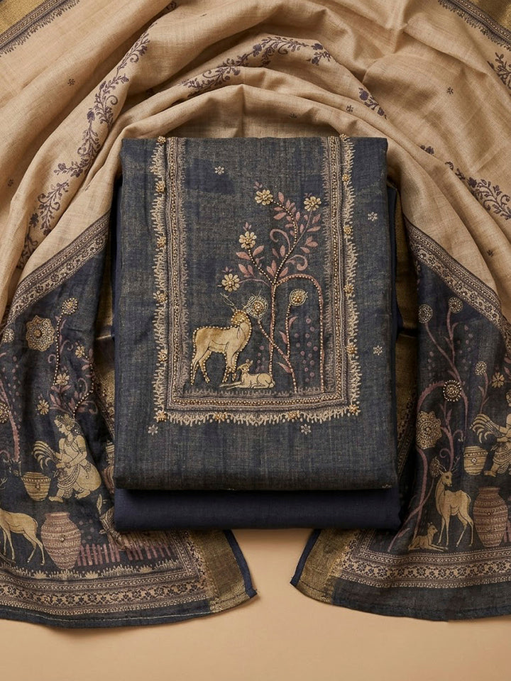 Grey Linen Blend Embroidered Unstitched Dress Material