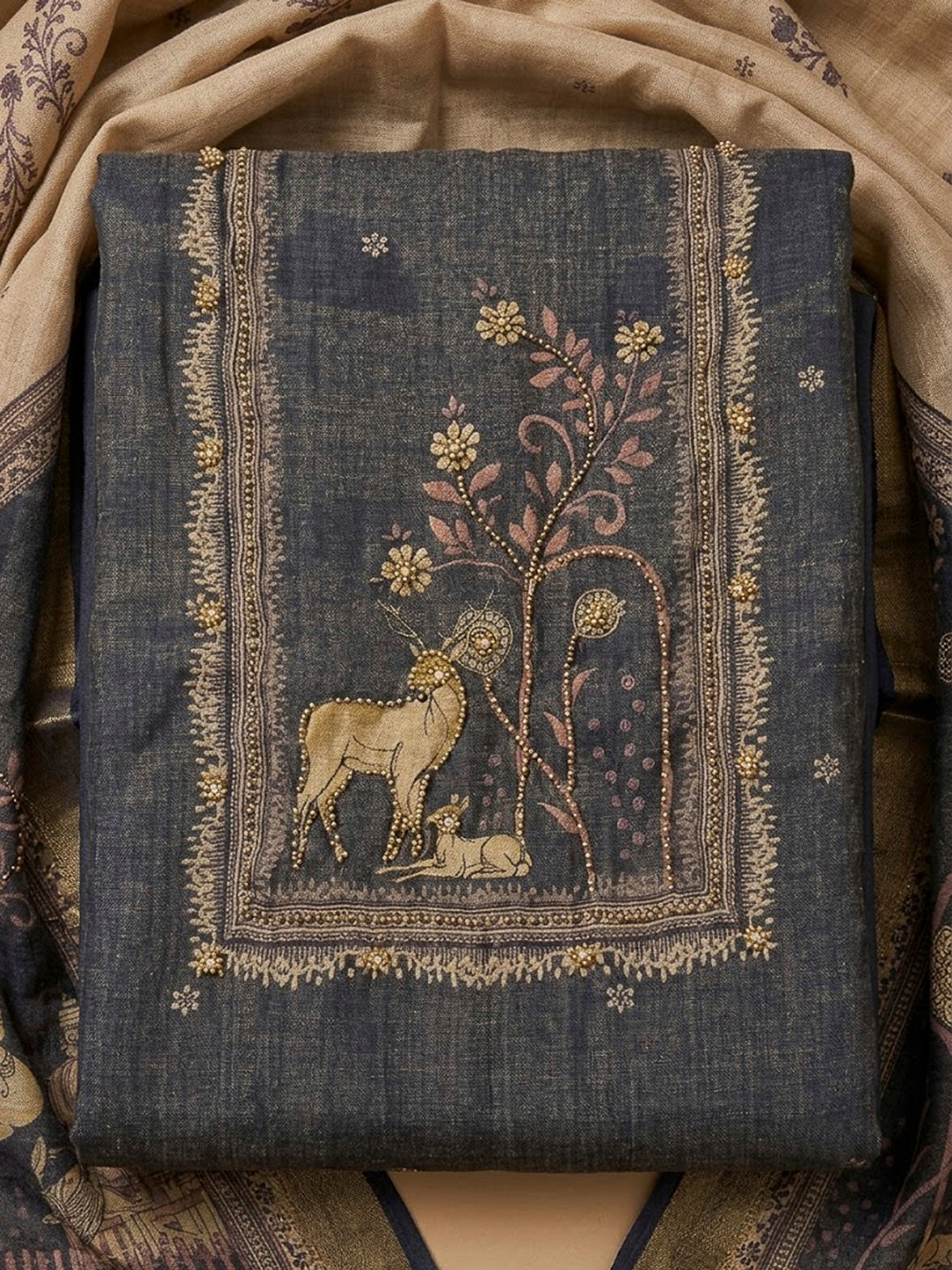 Grey Linen Blend Embroidered Unstitched Dress Material