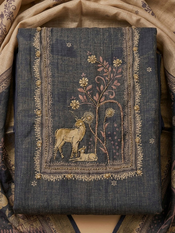 Grey Linen Blend Embroidered Unstitched Dress Material