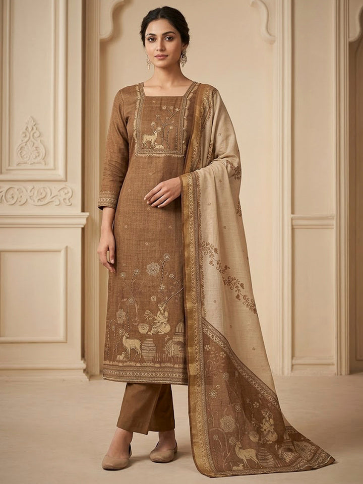 Rust Linen Blend Embroidered Unstitched Dress Material