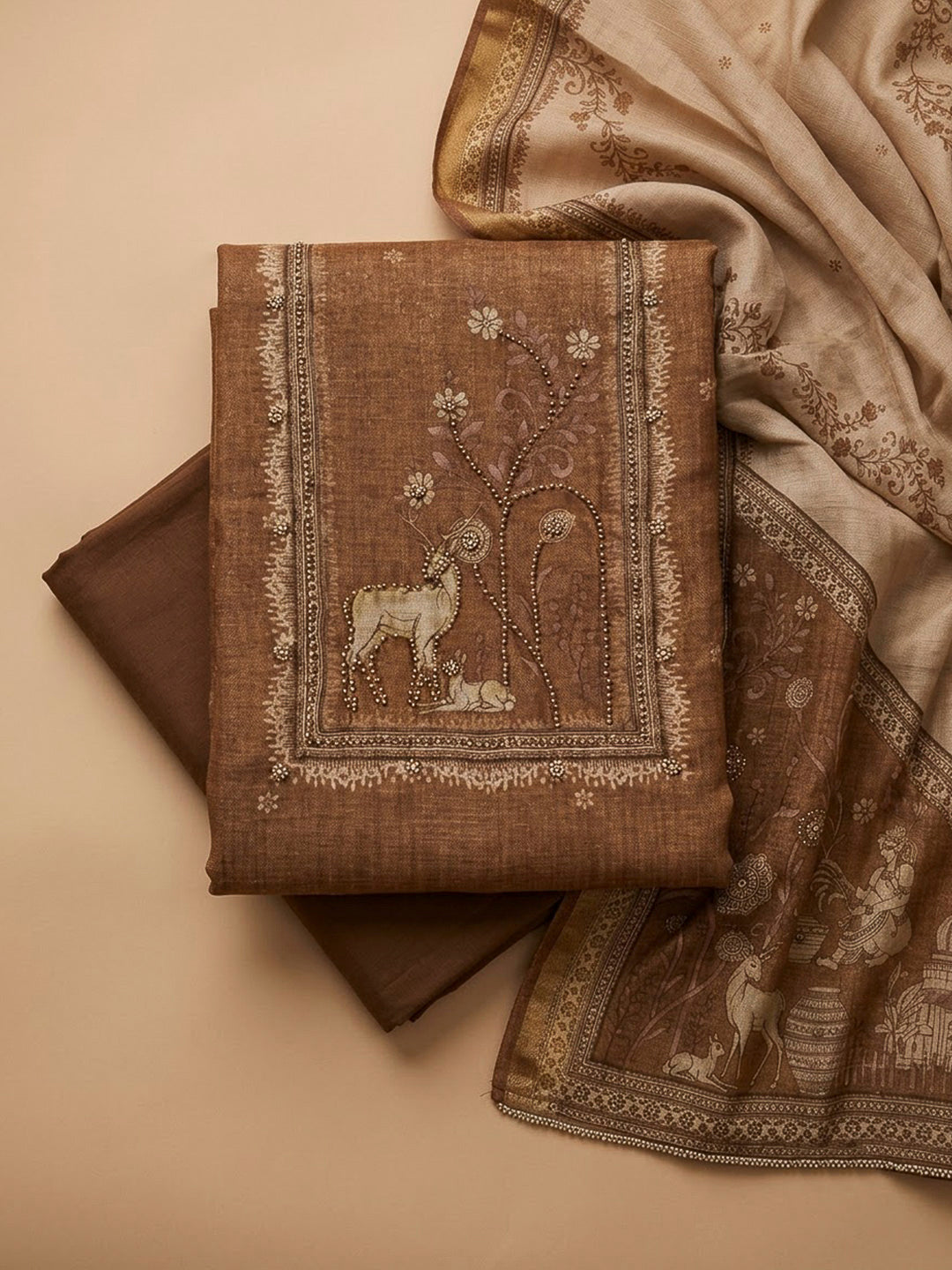 Rust Linen Blend Embroidered Unstitched Dress Material