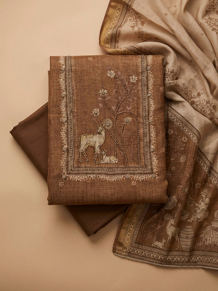 Rust Linen Blend Embroidered Unstitched Dress Material