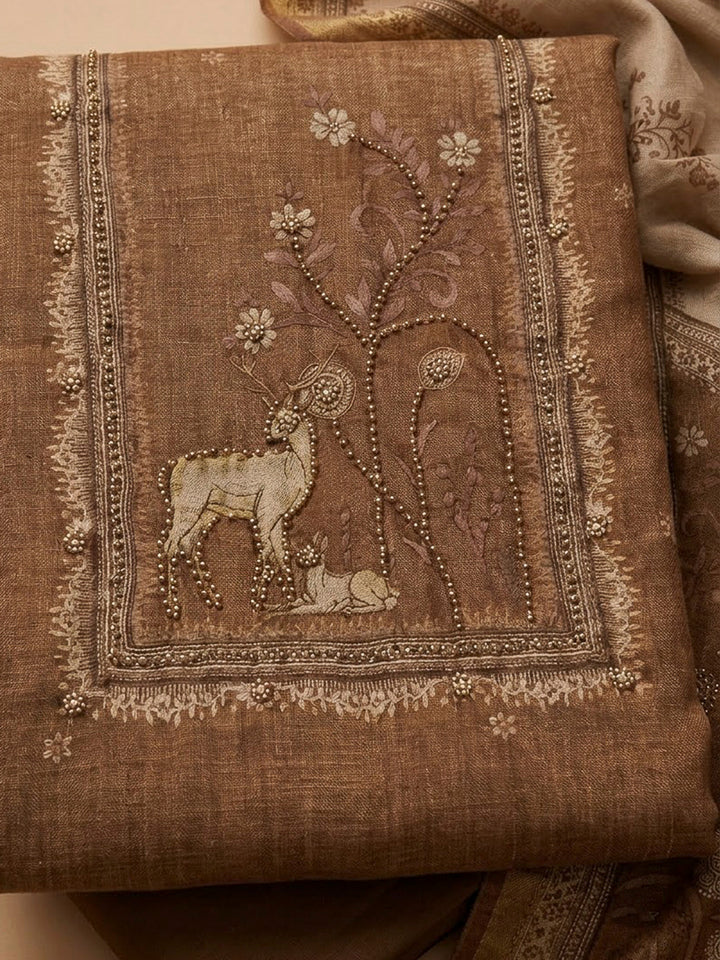 Rust Linen Blend Embroidered Unstitched Dress Material