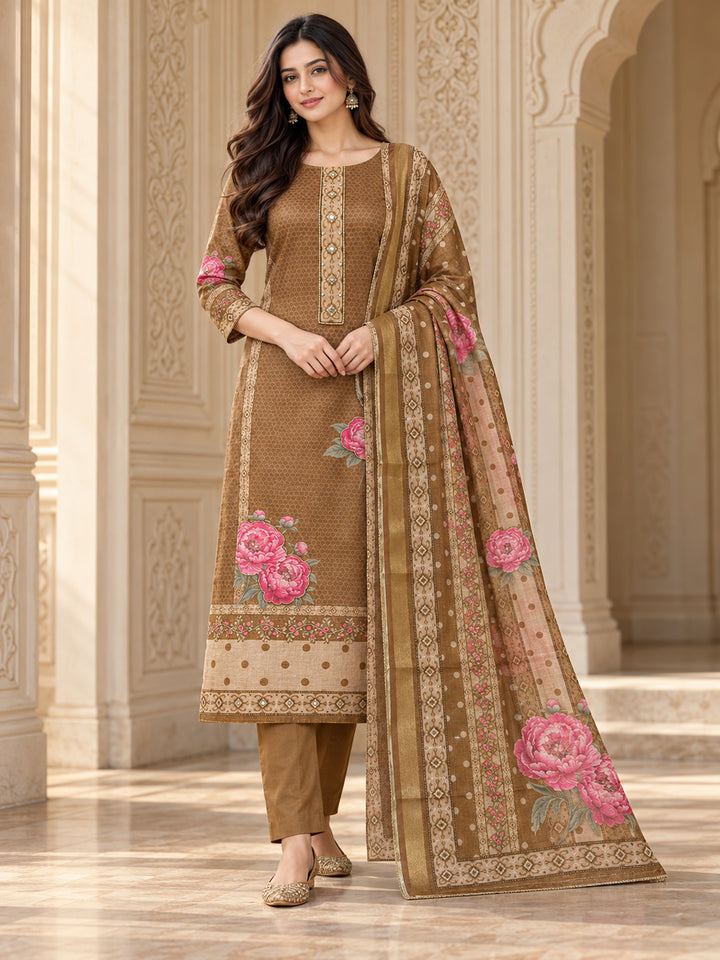 Beige Chanderi Embroidered Unstitched Dress Material