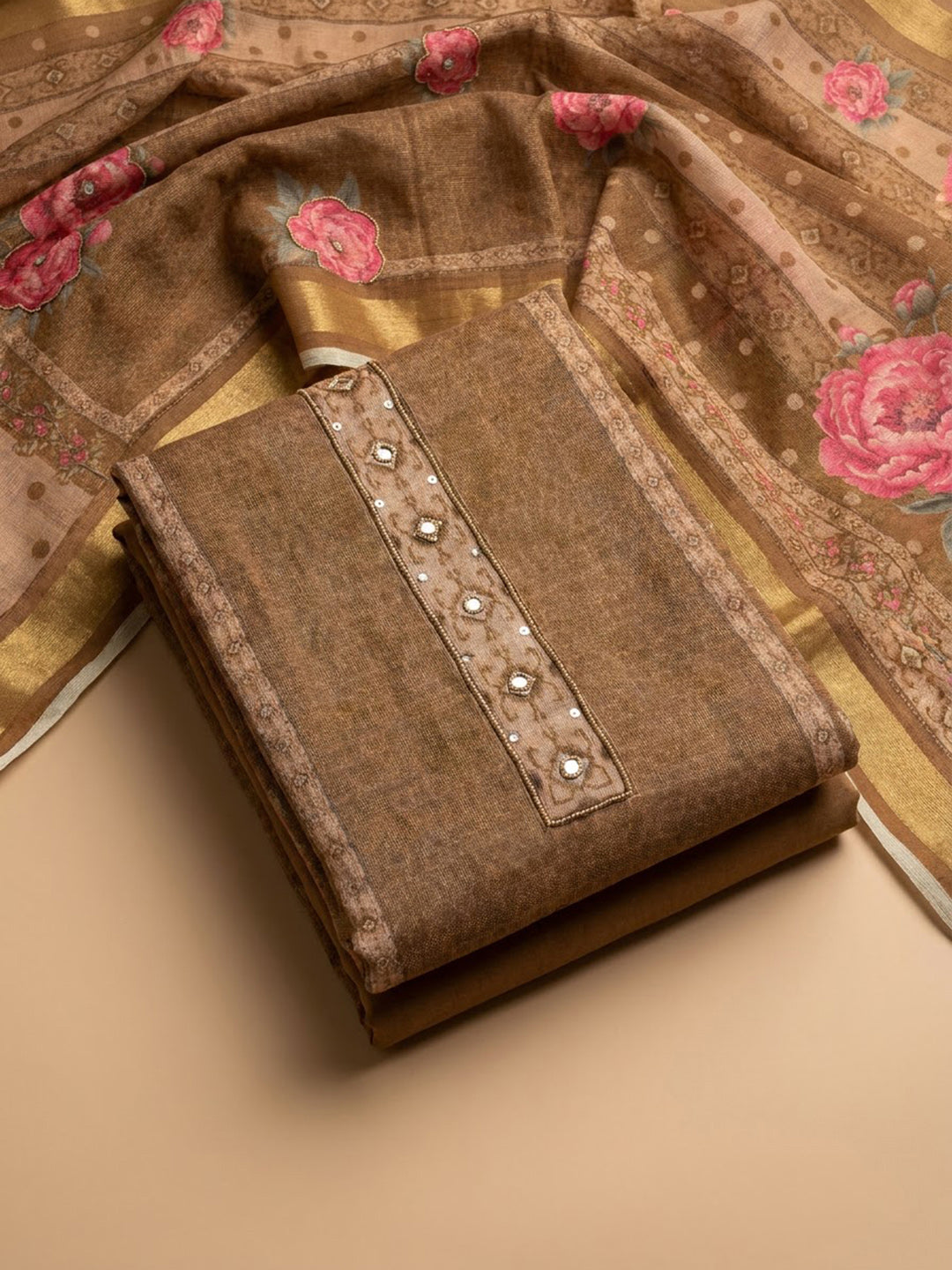 Beige Chanderi Embroidered Unstitched Dress Material