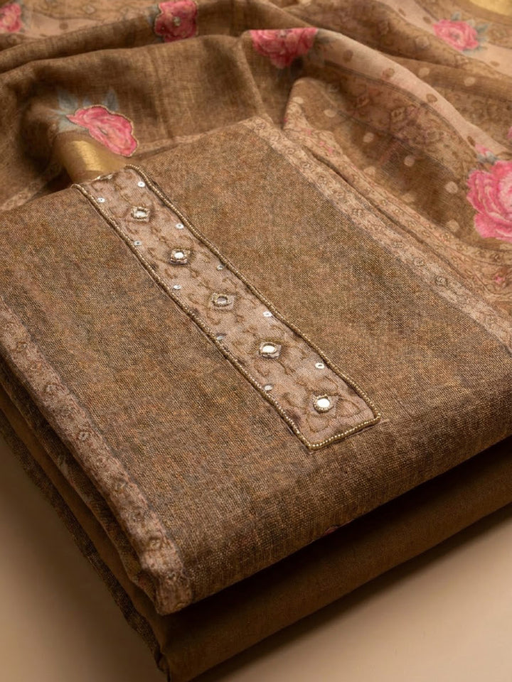 Beige Chanderi Embroidered Unstitched Dress Material