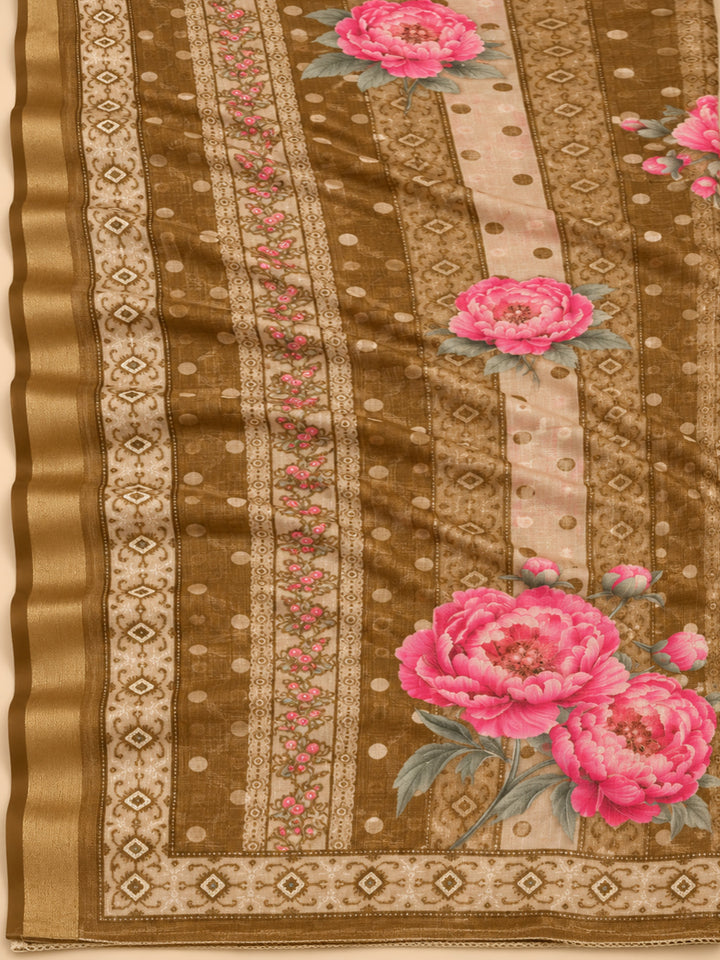 Beige Chanderi Embroidered Unstitched Dress Material