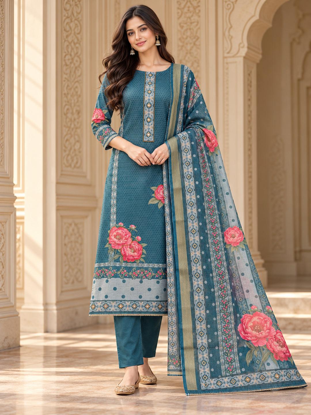 Blue Chanderi Embroidered Unstitched Dress Material