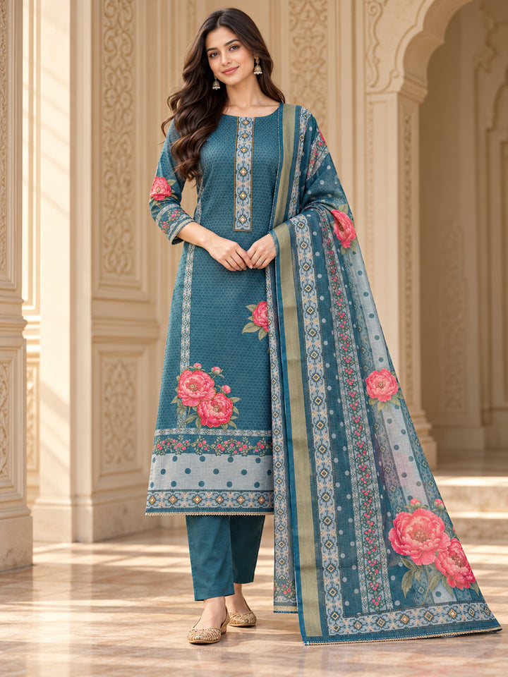 Blue Chanderi Embroidered Unstitched Dress Material