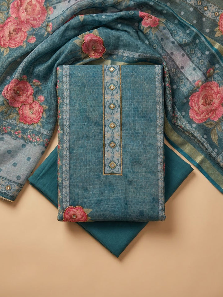 Blue Chanderi Embroidered Unstitched Dress Material