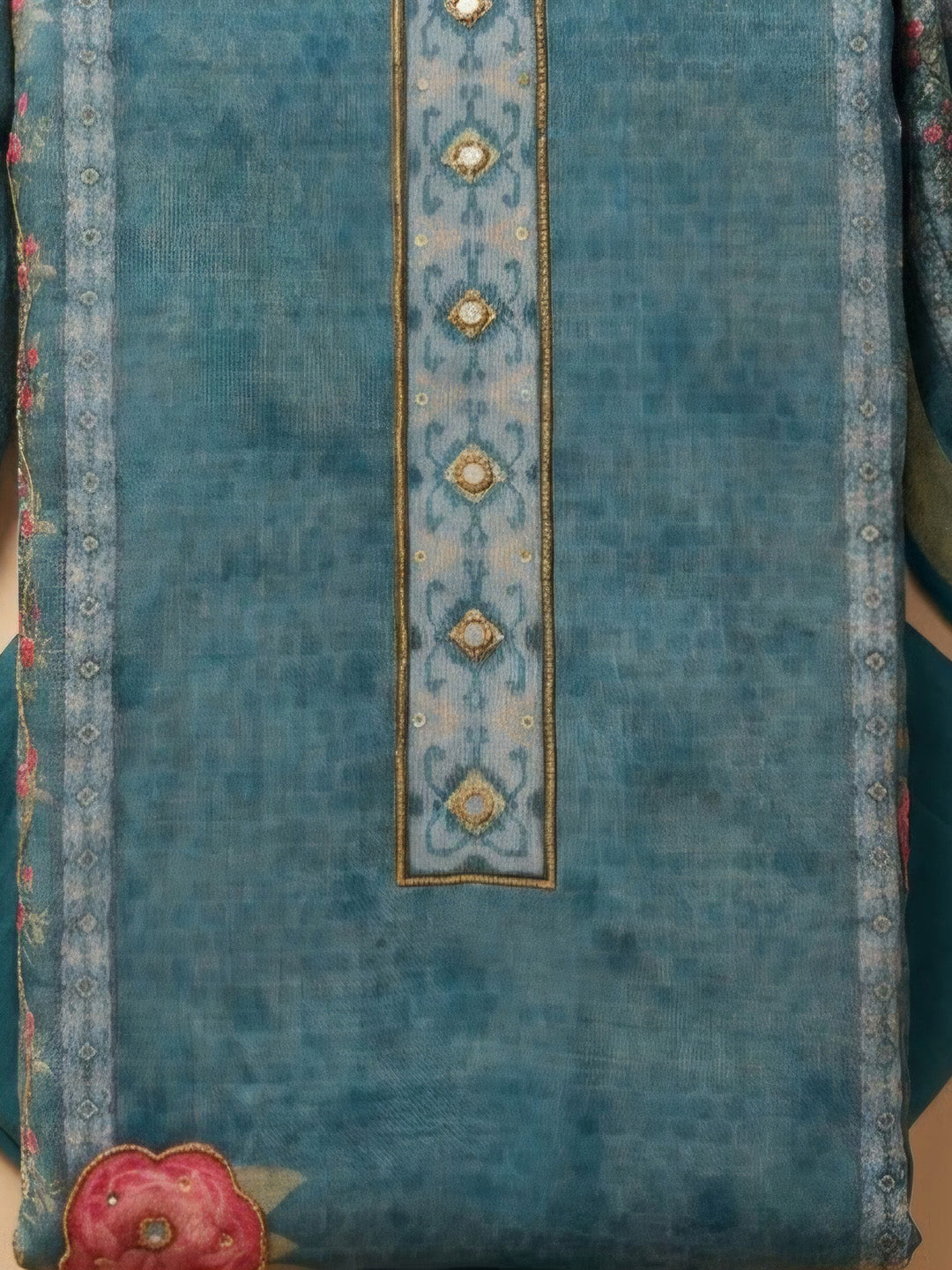 Blue Chanderi Embroidered Unstitched Dress Material