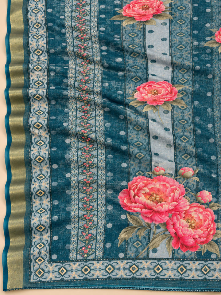Blue Chanderi Embroidered Unstitched Dress Material