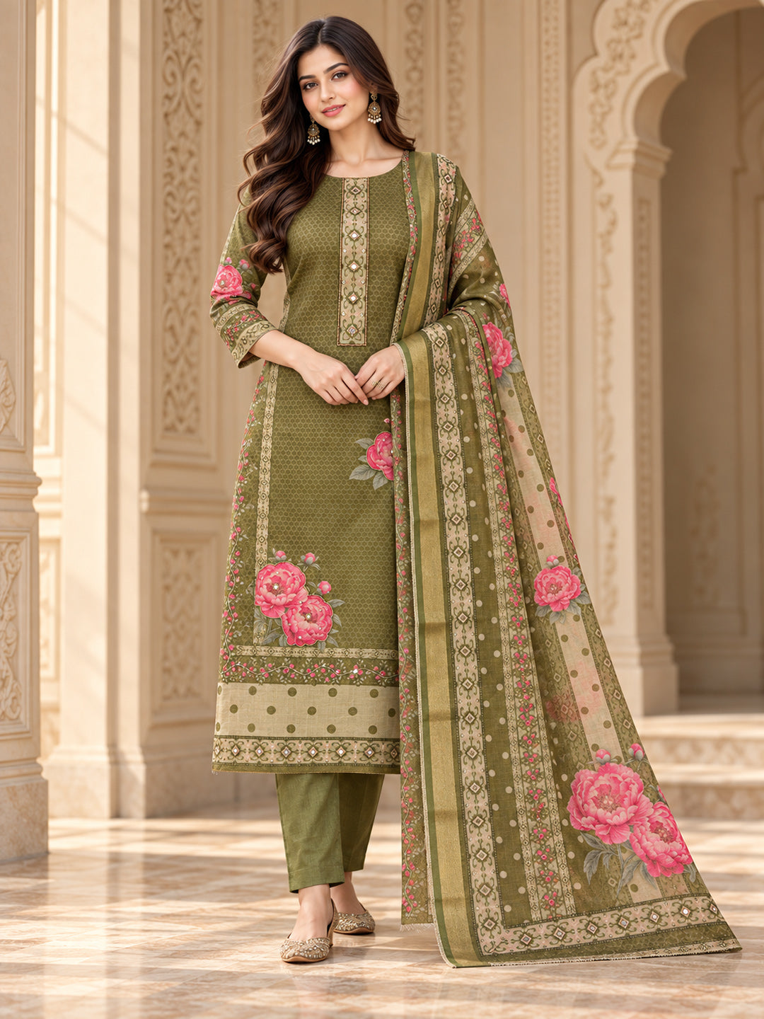 Green Chanderi Embroidered Unstitched Dress Material