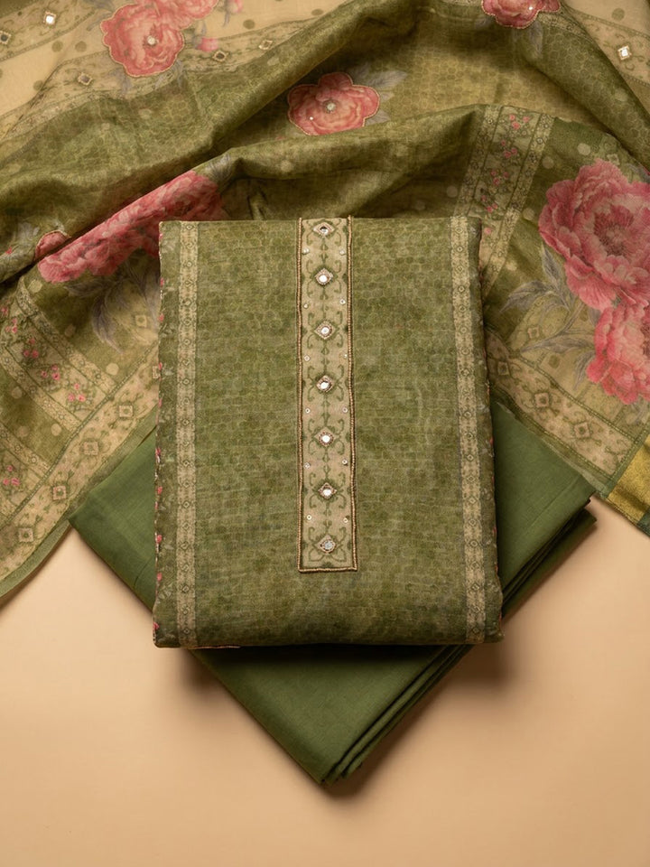 Green Chanderi Embroidered Unstitched Dress Material