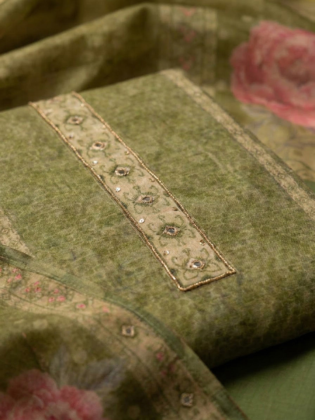 Green Chanderi Embroidered Unstitched Dress Material