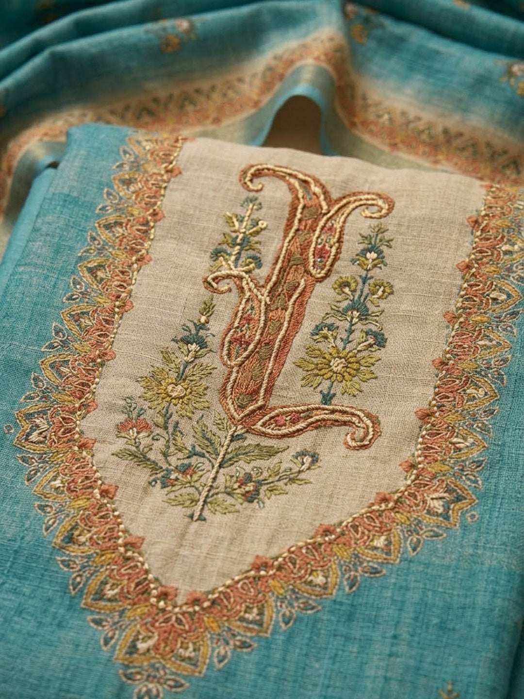 Firozee Linen Blend Embroidered Unstitched Dress Material