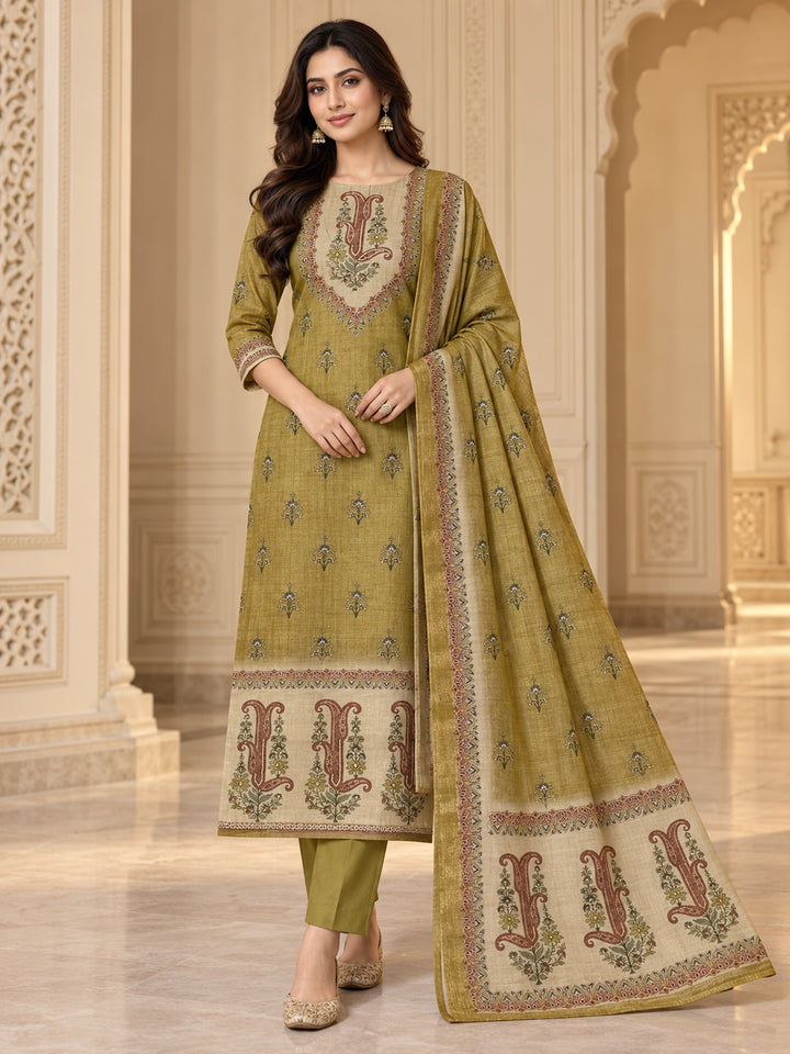 Mehndi Linen Blend Embroidered Unstitched Dress Material
