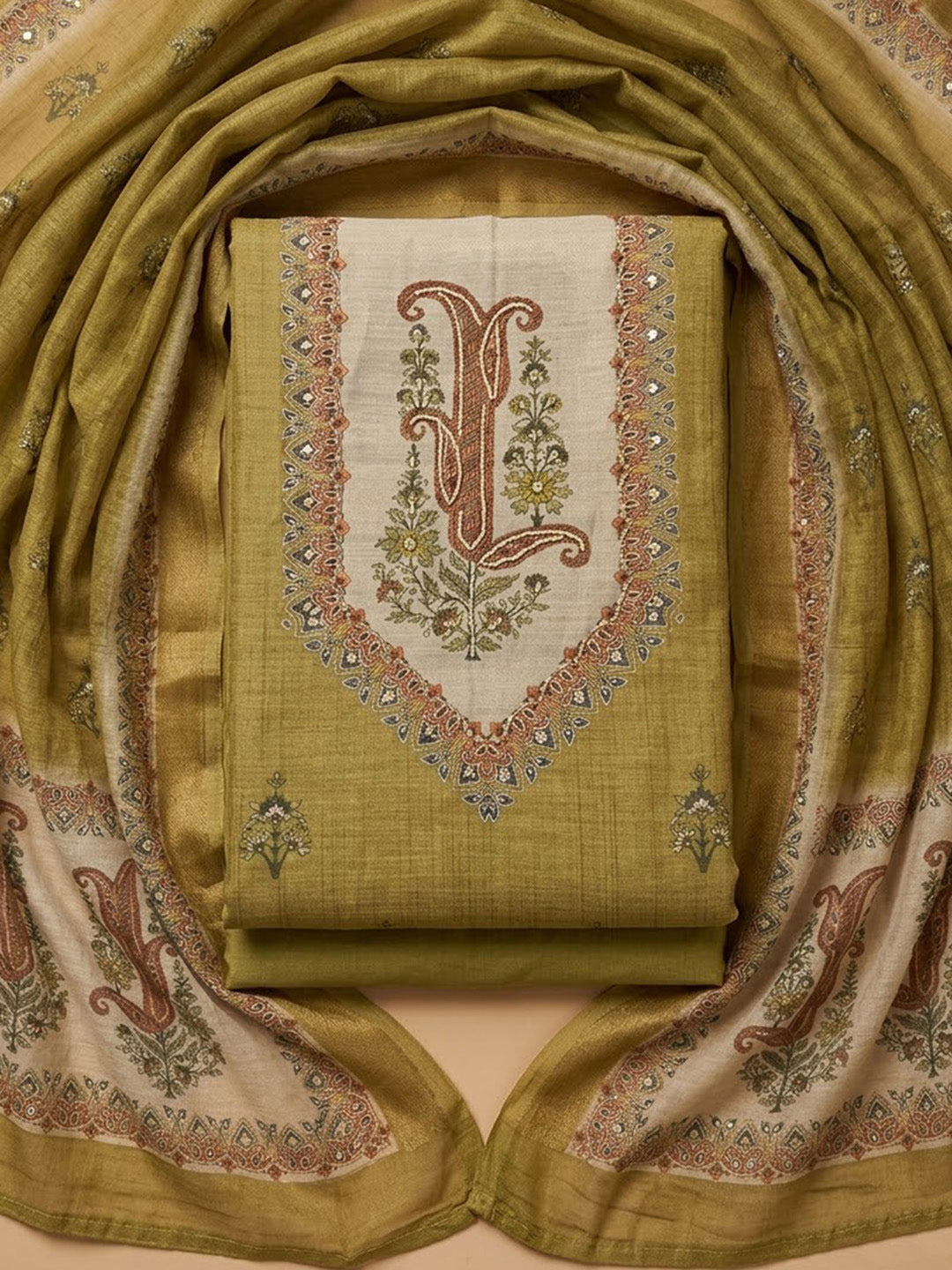 Mehndi Linen Blend Embroidered Unstitched Dress Material