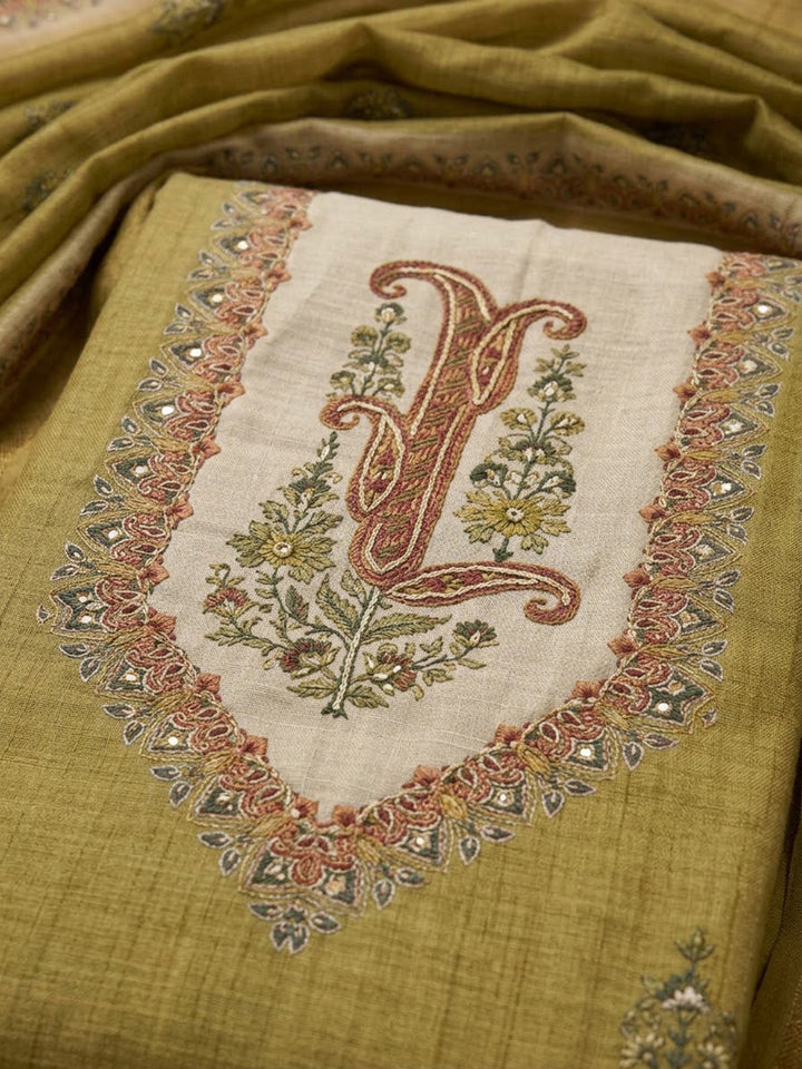Mehndi Linen Blend Embroidered Unstitched Dress Material