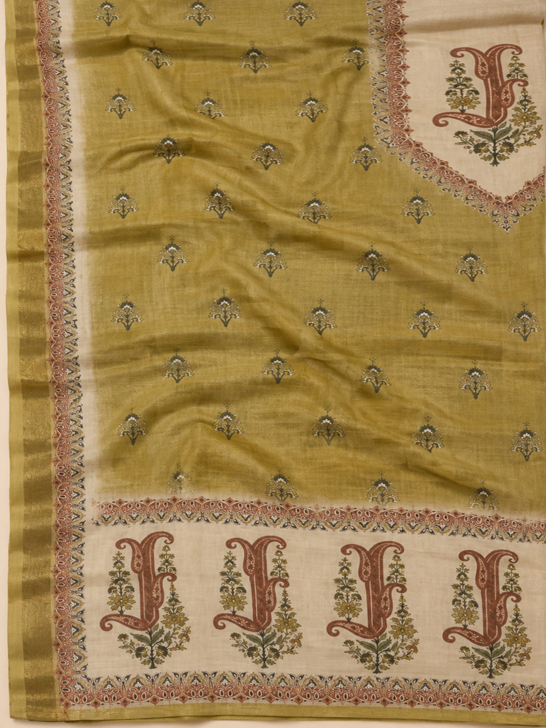 Mehndi Linen Blend Embroidered Unstitched Dress Material