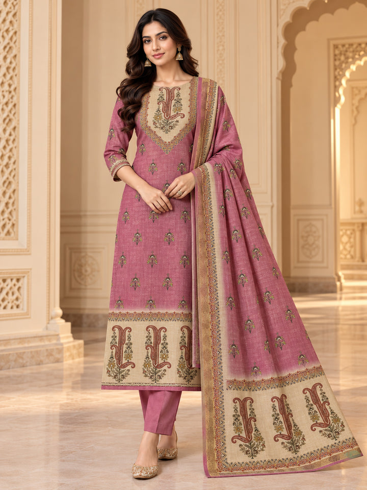 Onion-Pink Linen Blend Embroidered Unstitched Dress Material