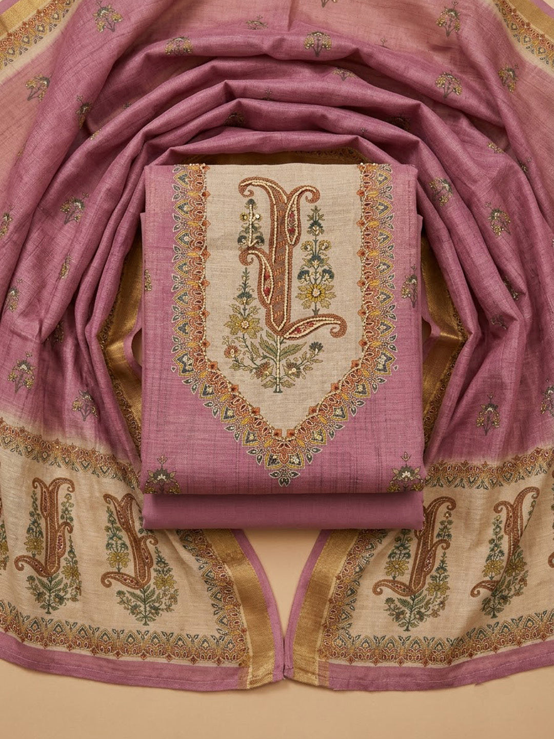 Onion-Pink Linen Blend Embroidered Unstitched Dress Material