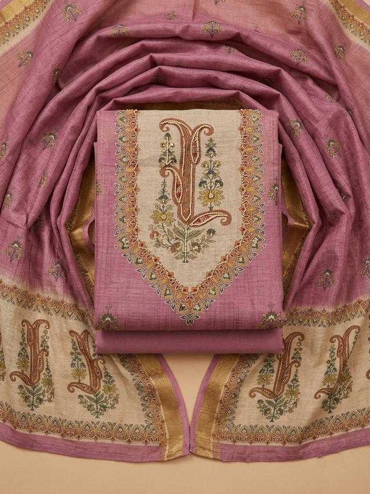 Onion-Pink Linen Blend Embroidered Unstitched Dress Material
