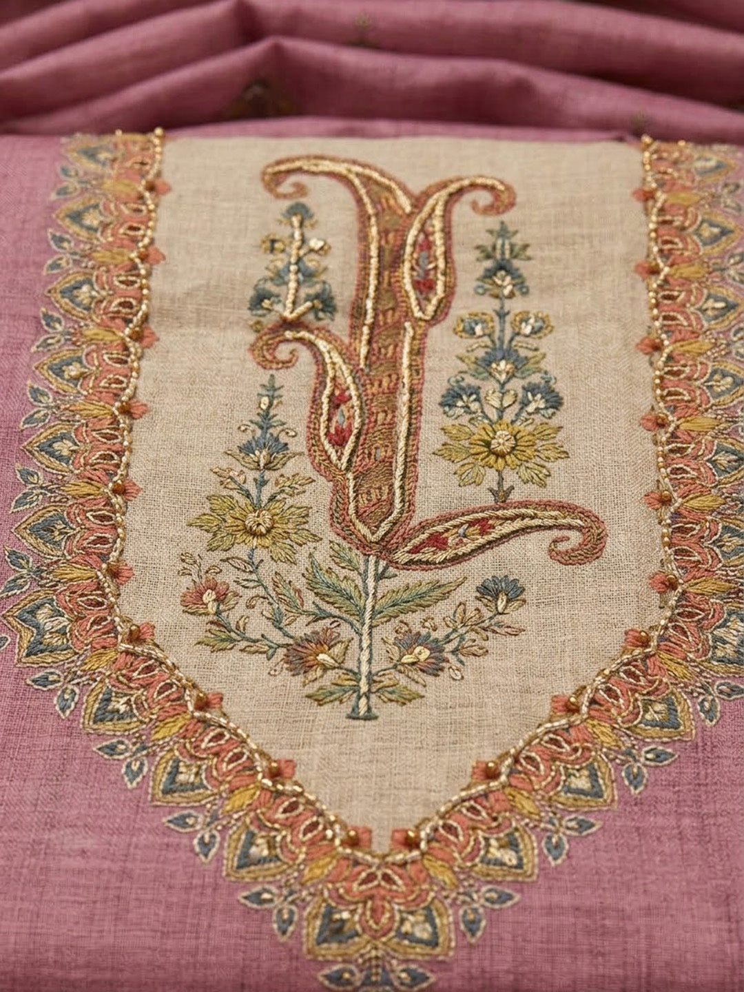 Onion-Pink Linen Blend Embroidered Unstitched Dress Material