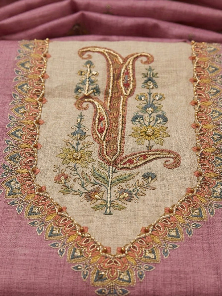 Onion-Pink Linen Blend Embroidered Unstitched Dress Material
