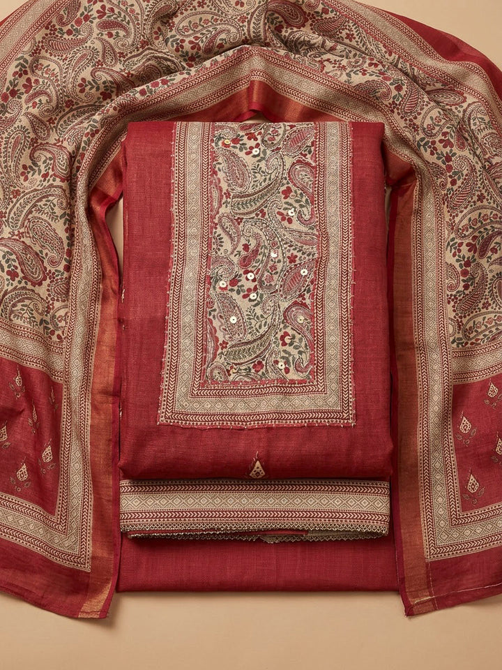 Maroon Cotton Blend Printed Unstitched Dress Material