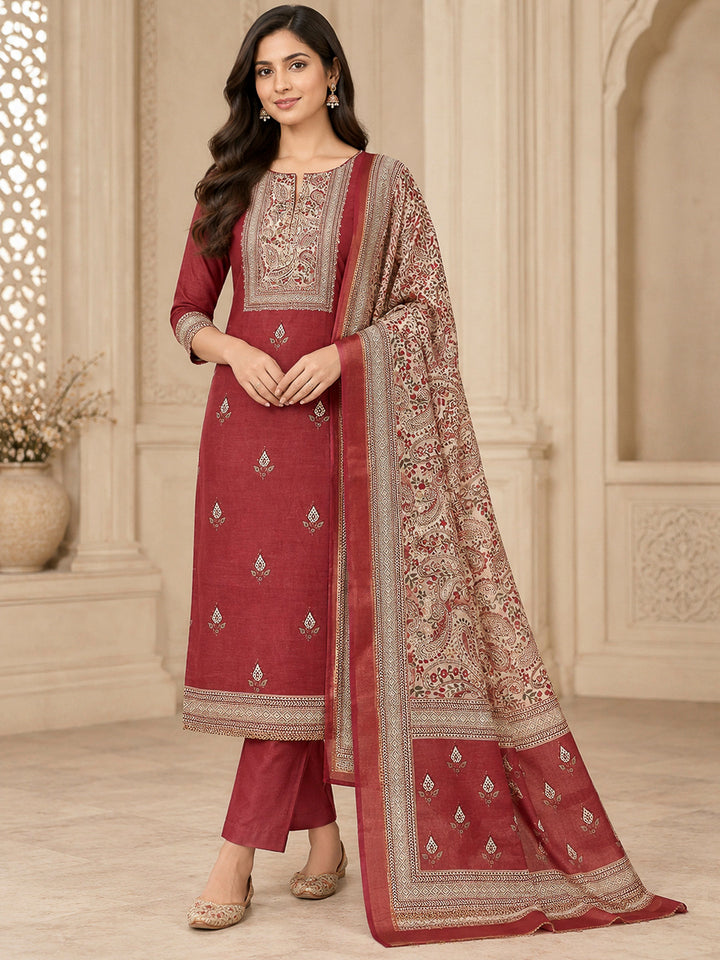Maroon Cotton Blend Printed Unstitched Dress Material
