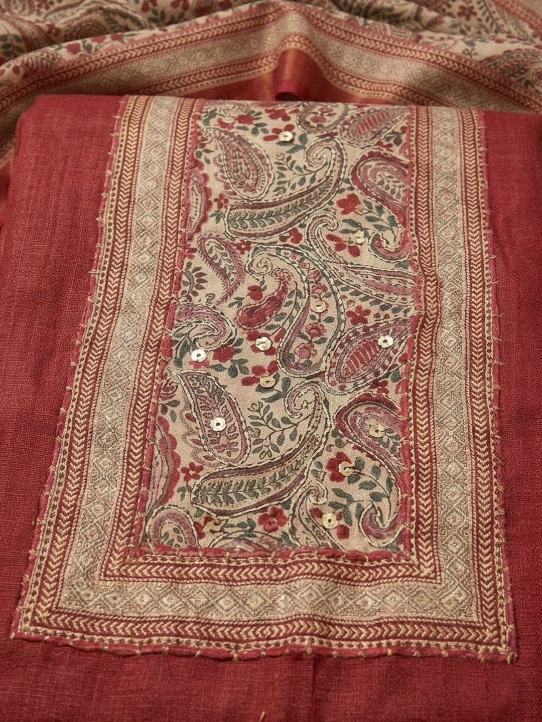 Maroon Cotton Blend Printed Unstitched Dress Material