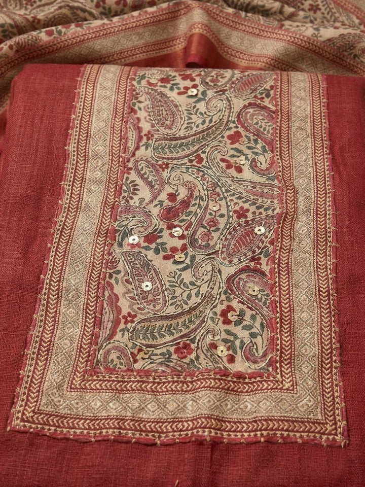 Maroon Cotton Blend Printed Unstitched Dress Material