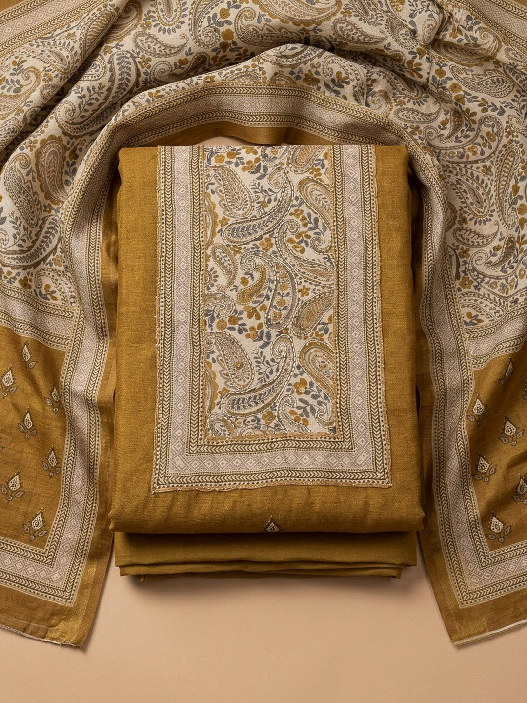 Mehndi Cotton Blend Printed Unstitched Dress Material