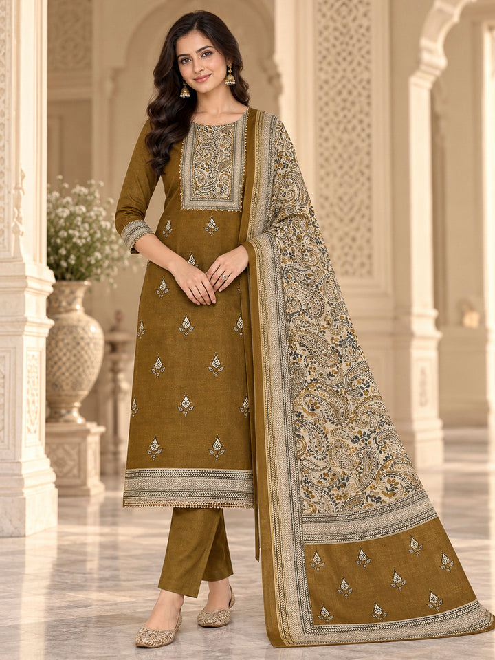 Mehndi Cotton Blend Printed Unstitched Dress Material