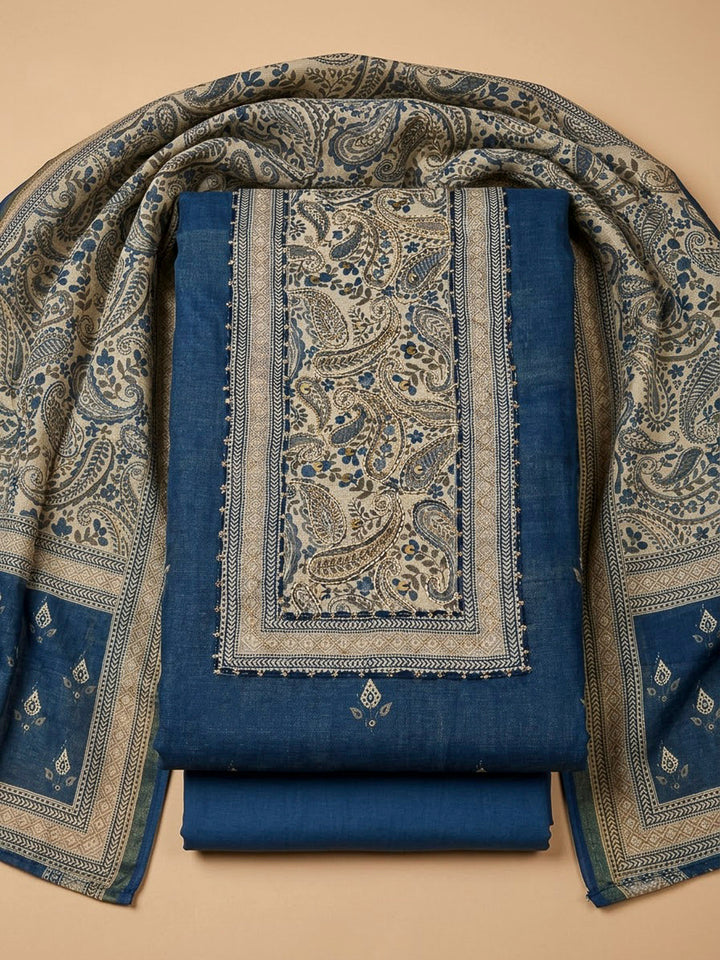 Navy Blue Cotton Blend Printed Unstitched Dress Material