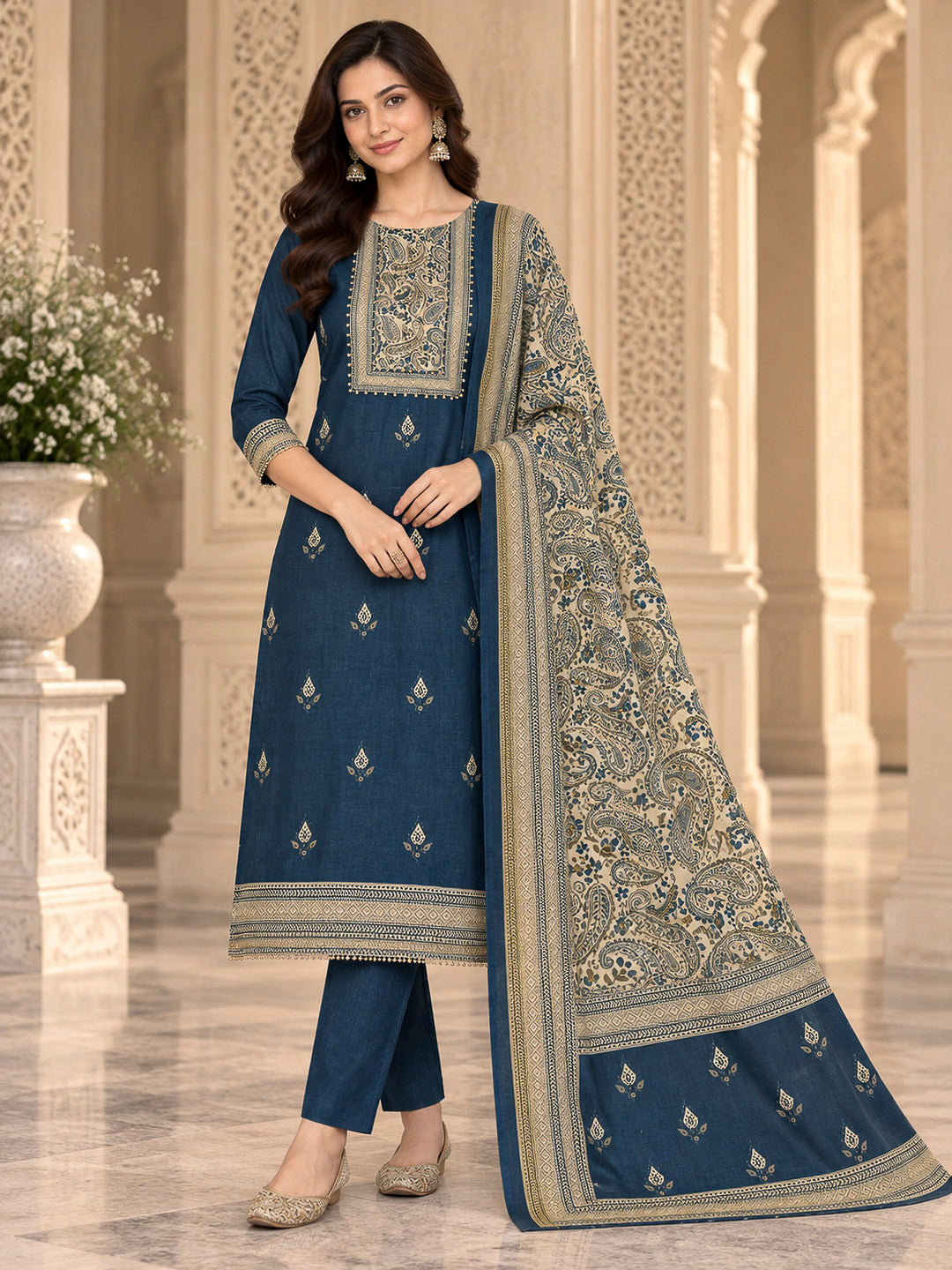 Navy Blue Cotton Blend Printed Unstitched Dress Material