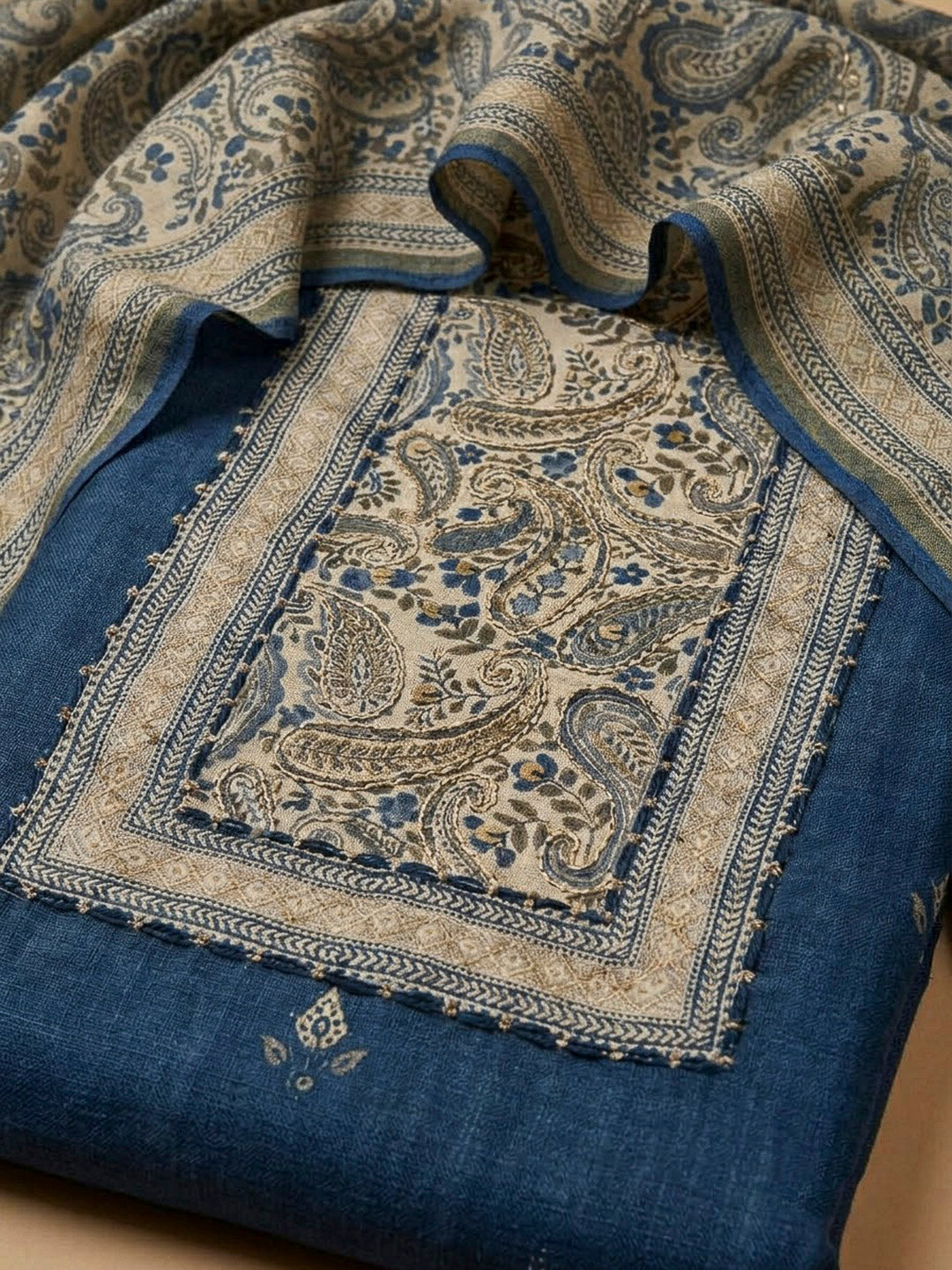 Navy Blue Cotton Blend Printed Unstitched Dress Material