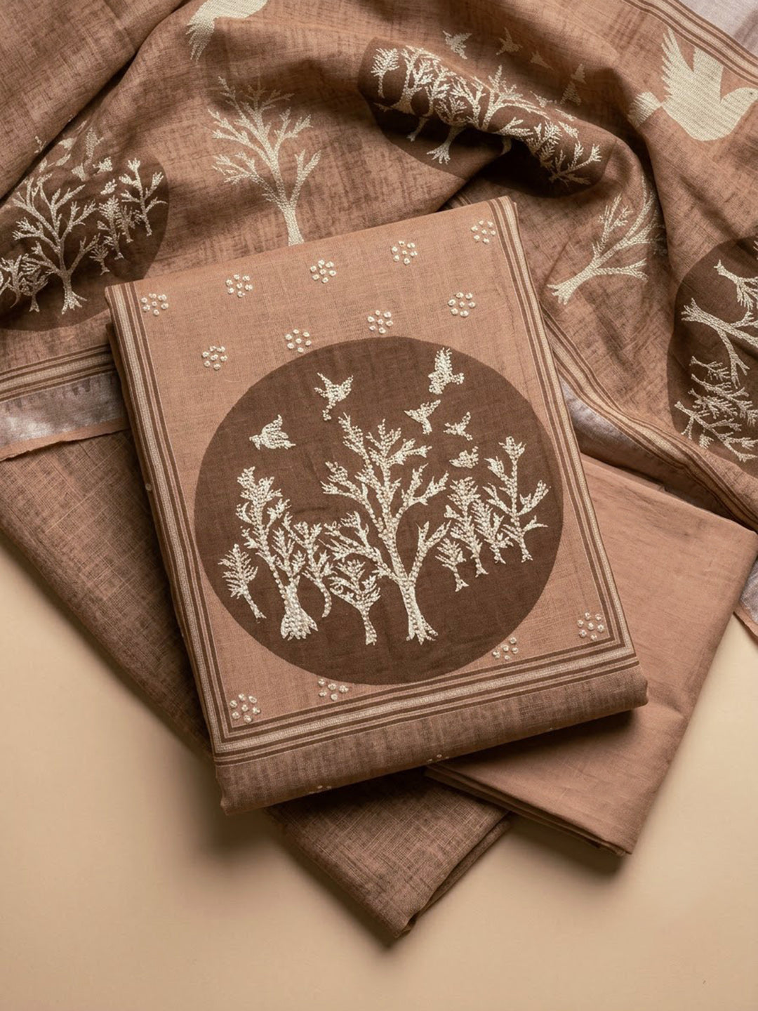 Beige Linen Blend Embroidered Unstitched Dress Material