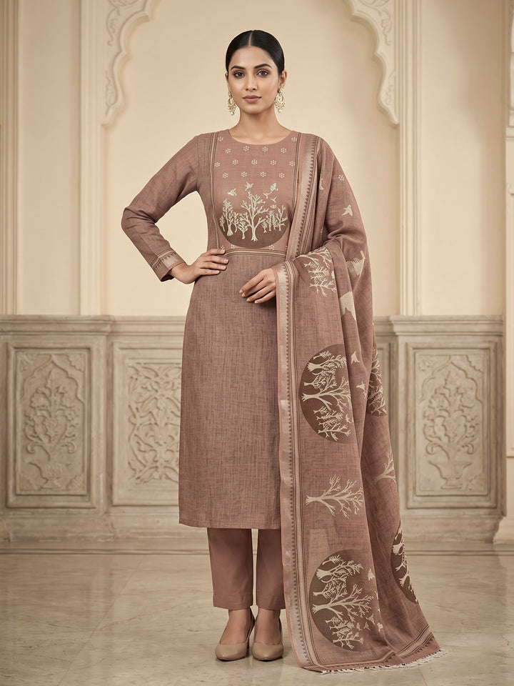 Beige Linen Blend Embroidered Unstitched Dress Material