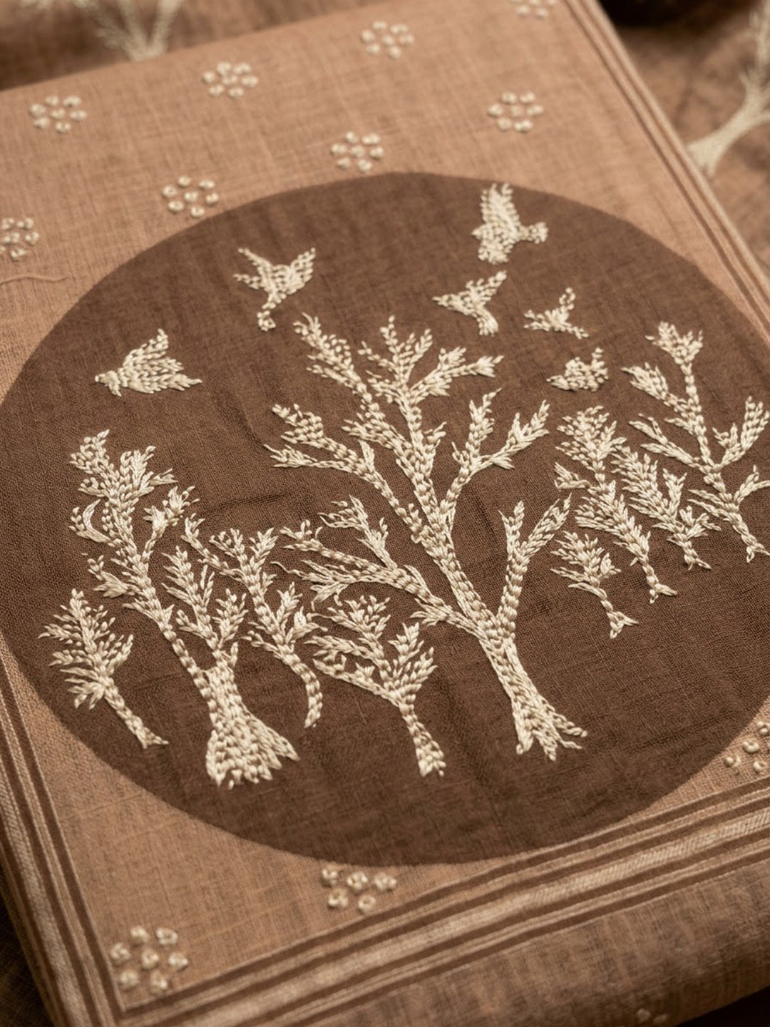 Beige Linen Blend Embroidered Unstitched Dress Material
