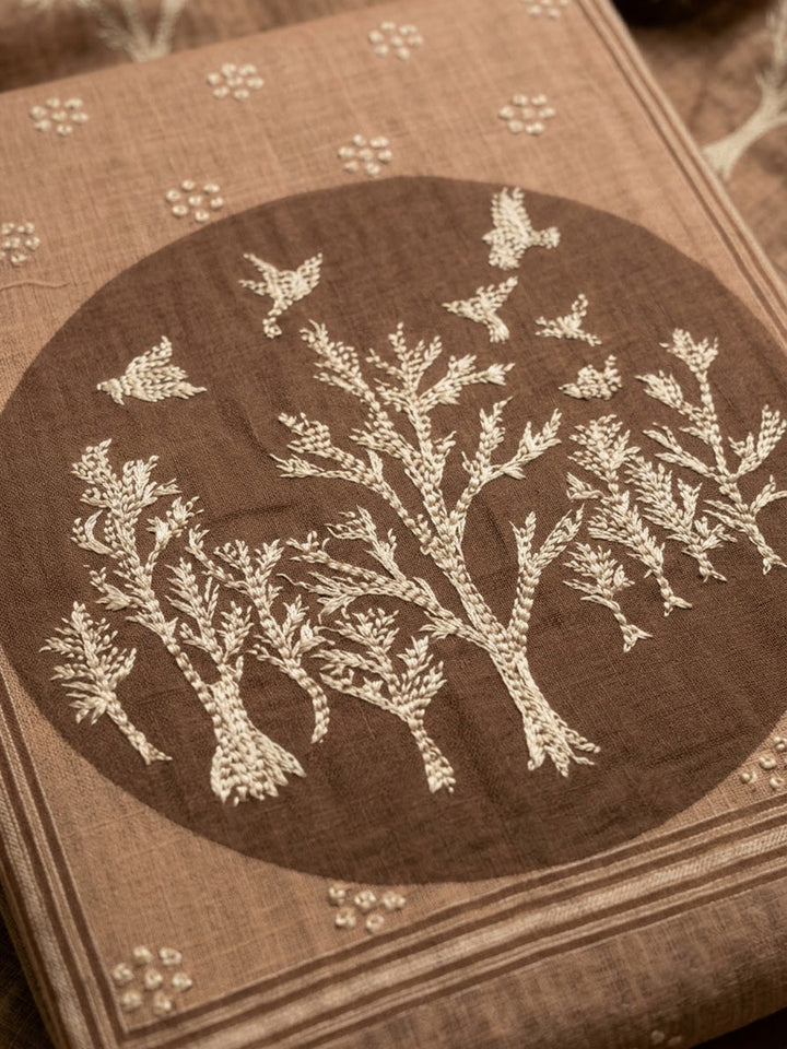 Beige Linen Blend Embroidered Unstitched Dress Material