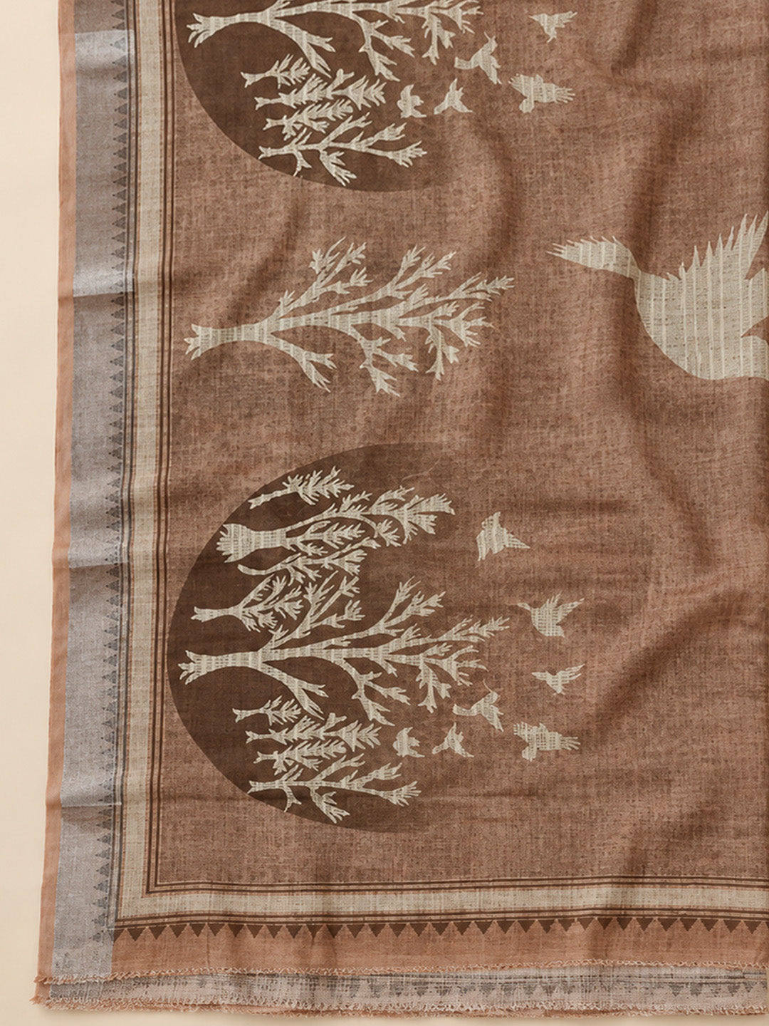 Beige Linen Blend Embroidered Unstitched Dress Material
