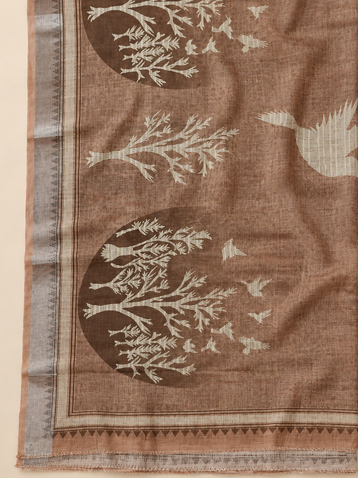 Beige Linen Blend Embroidered Unstitched Dress Material
